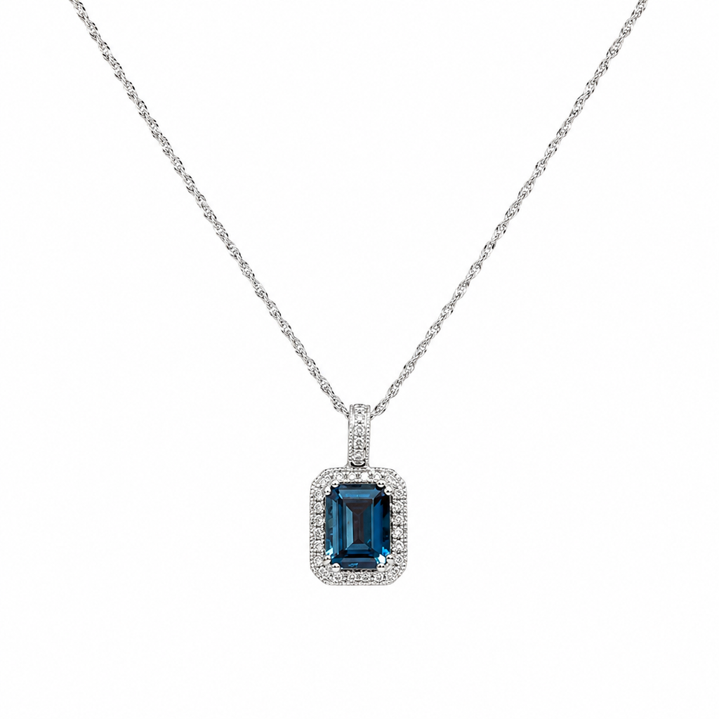London Blue Topaz & Diamond Halo Necklace