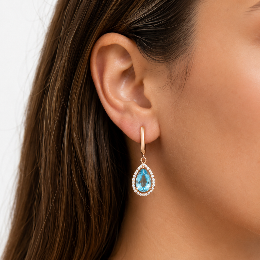 Blue Topaz Halo Drop Earrings