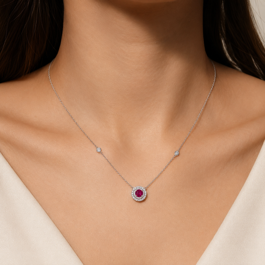 Ruby & Diamond Halo Necklace