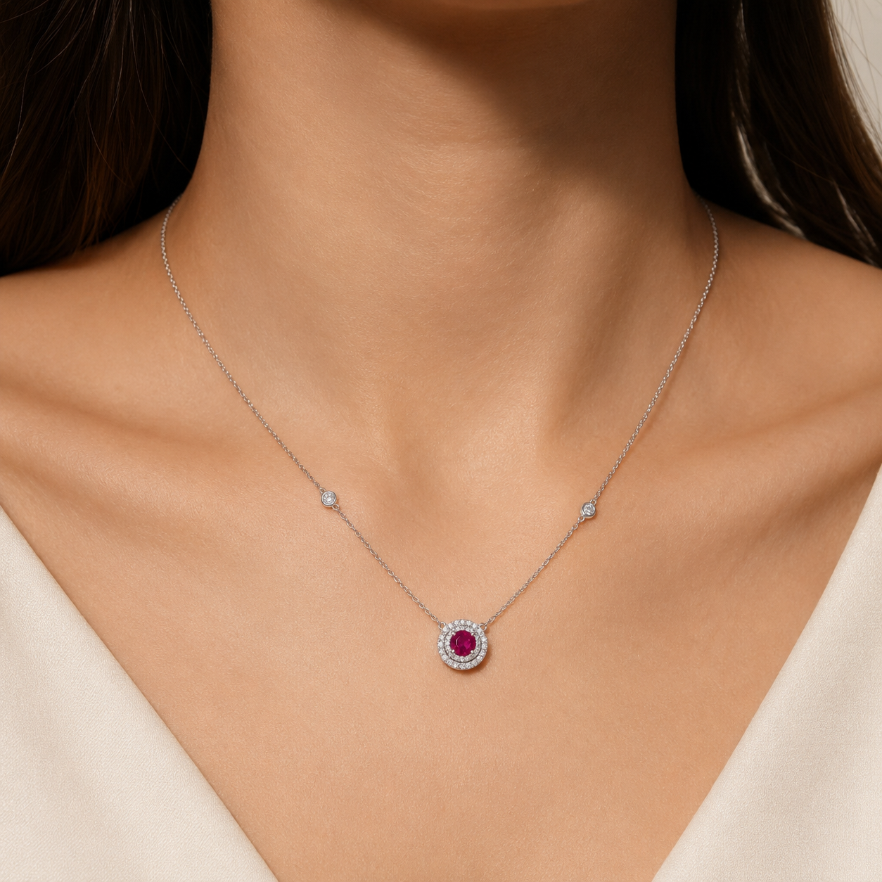 Ruby & Diamond Halo Necklace