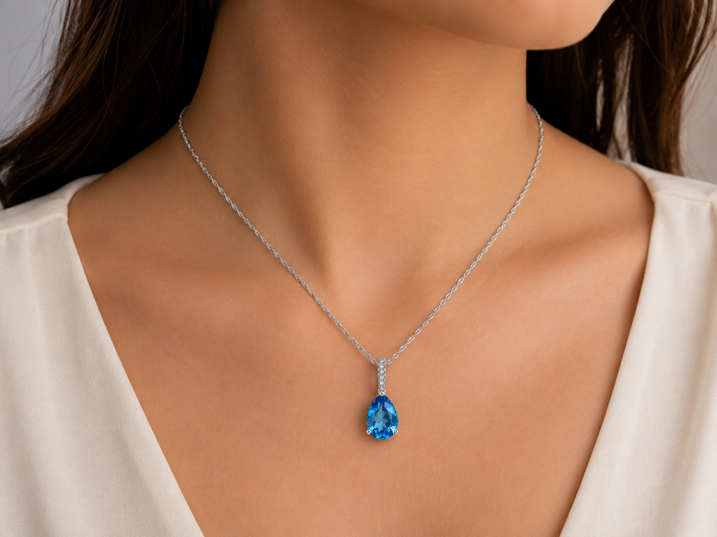 Blue Topaz Diamond Drop Pendant Necklace