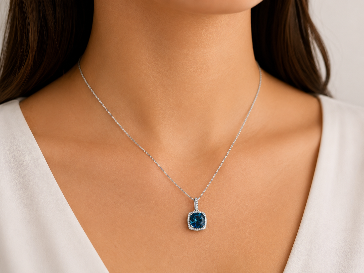 London Blue Topaz & Diamond Halo Pendant