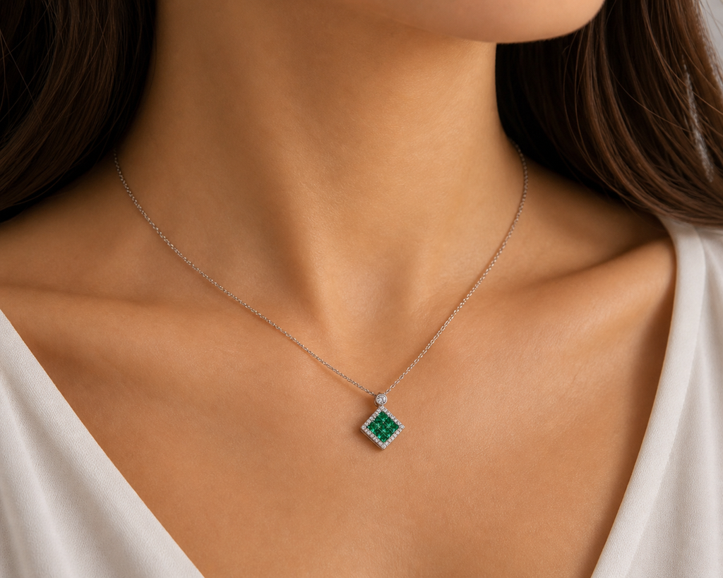 Emerald & Diamond Halo Necklace