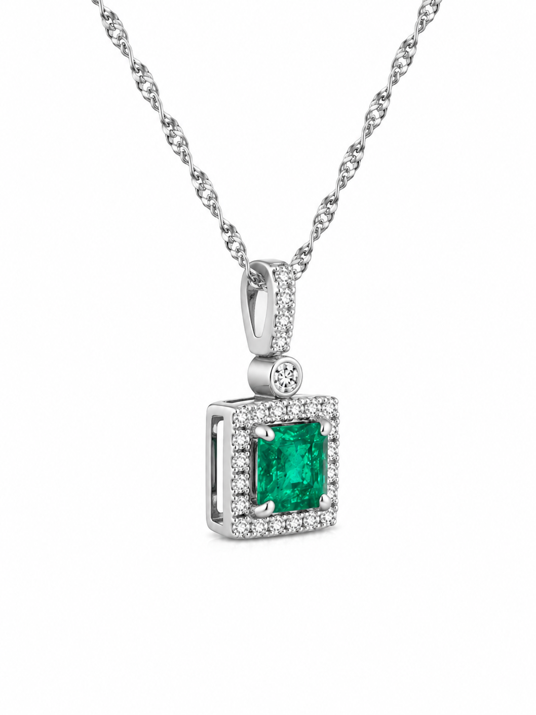 Emerald & Diamond Halo Pendant Necklace