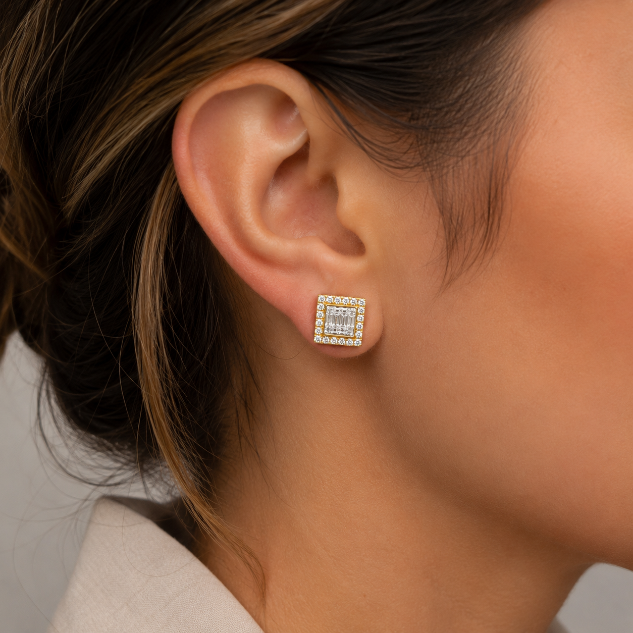 Diamond Baguette Halo Stud Earrings