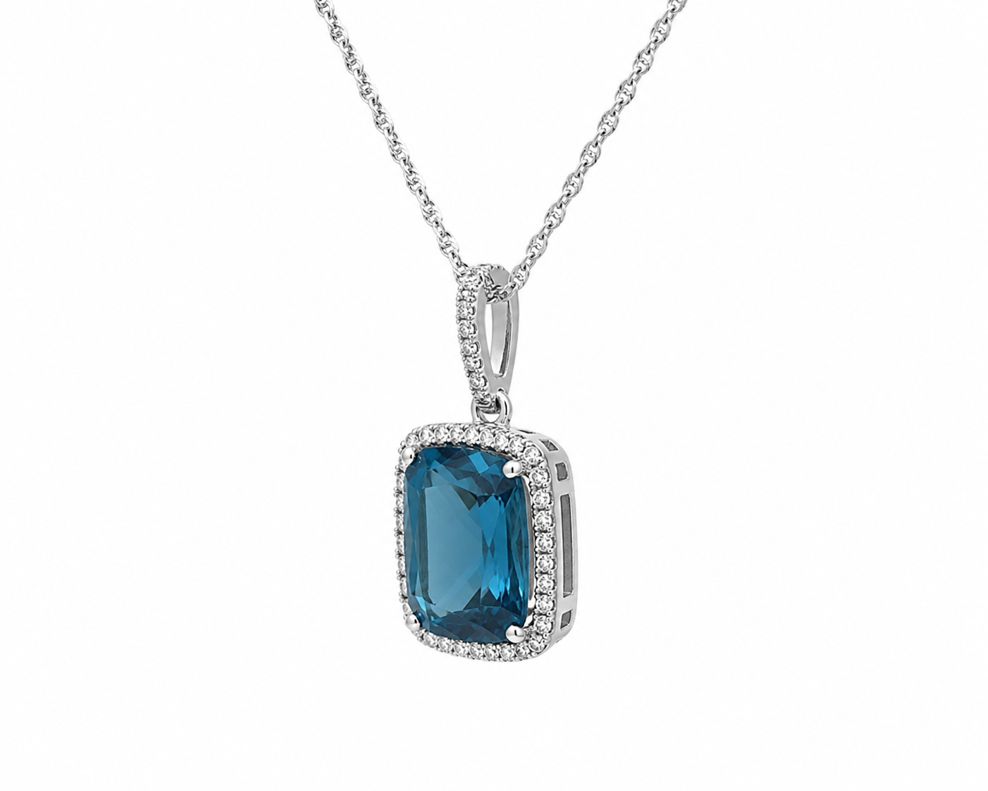 Natural Blue Topaz & Diamond Halo Necklace