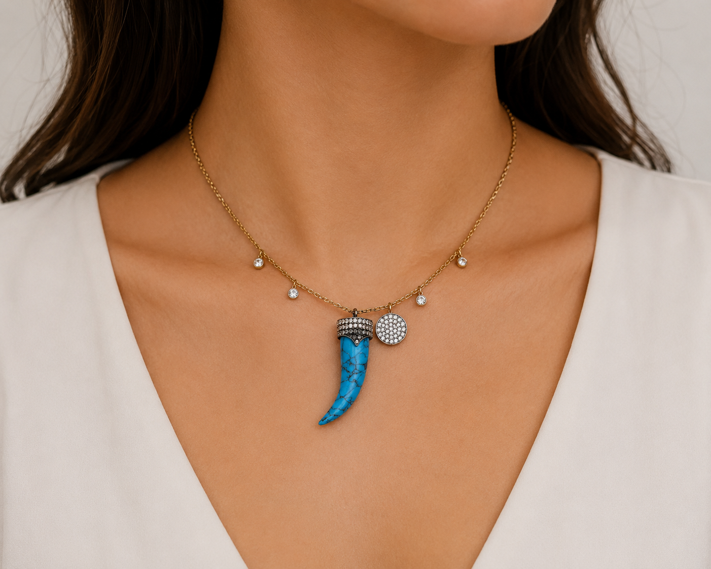 Diamond & Turquoise Horn Pendant Necklace