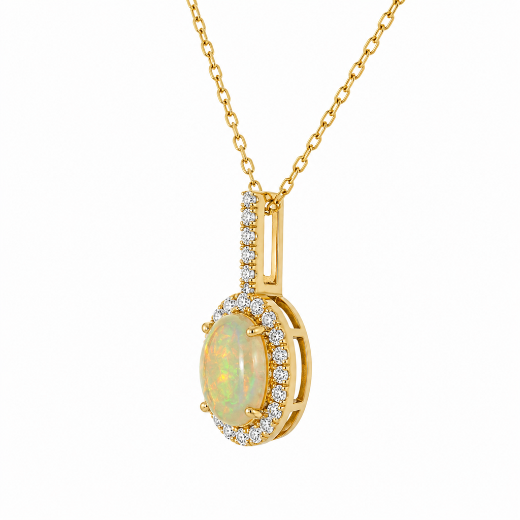 Opal & Diamond Halo Pendant Necklace