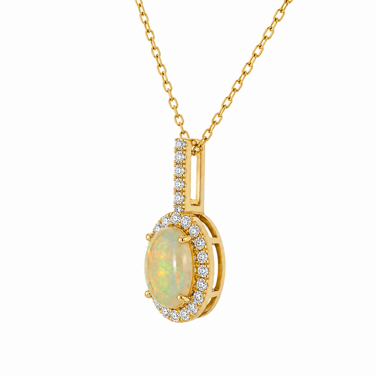 Opal & Diamond Halo Pendant Necklace