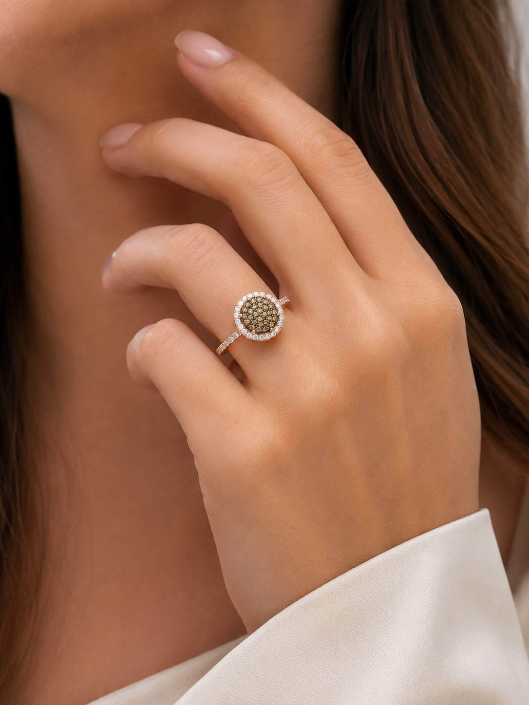 Champagne & White Diamond Halo Ring