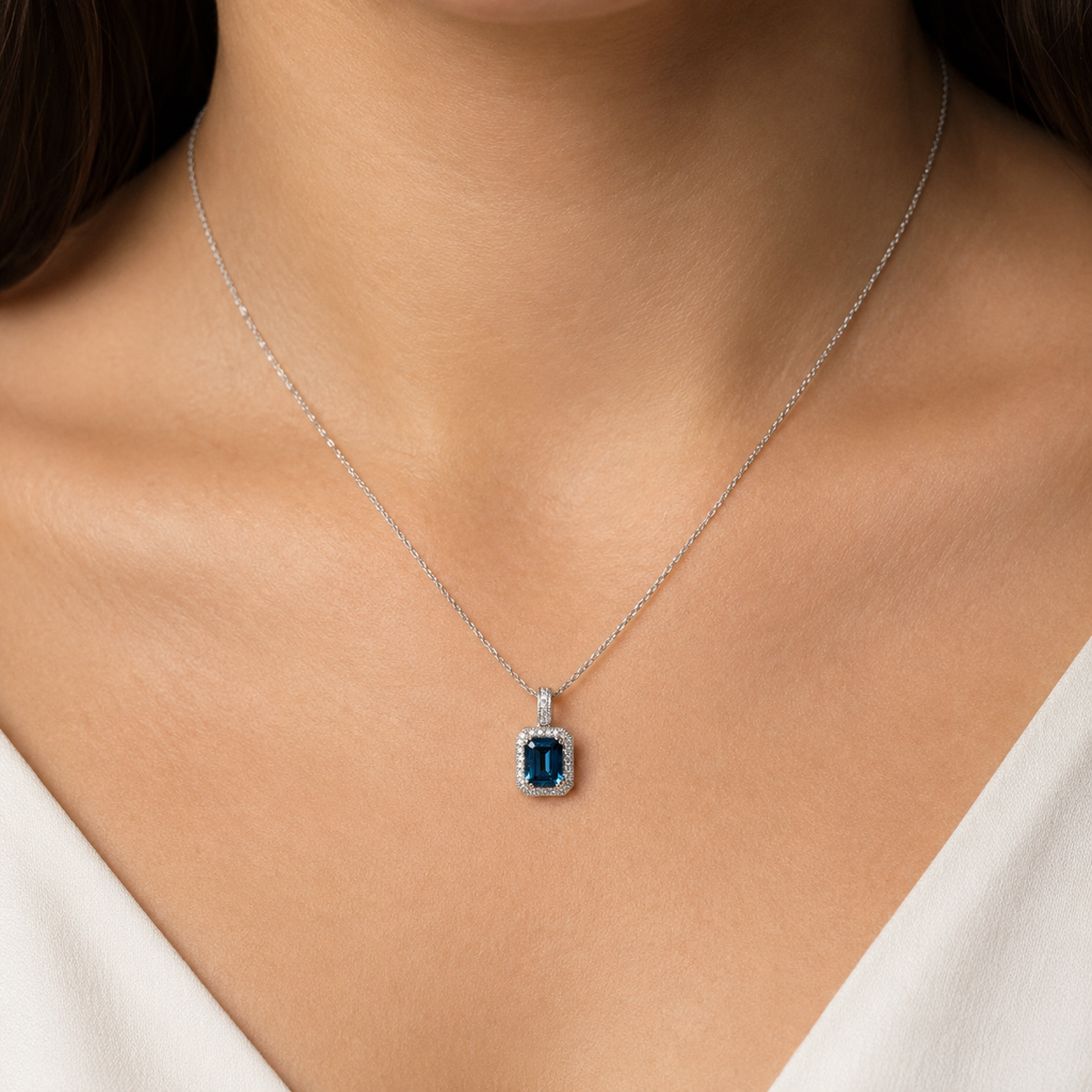 London Blue Topaz & Diamond Halo Necklace