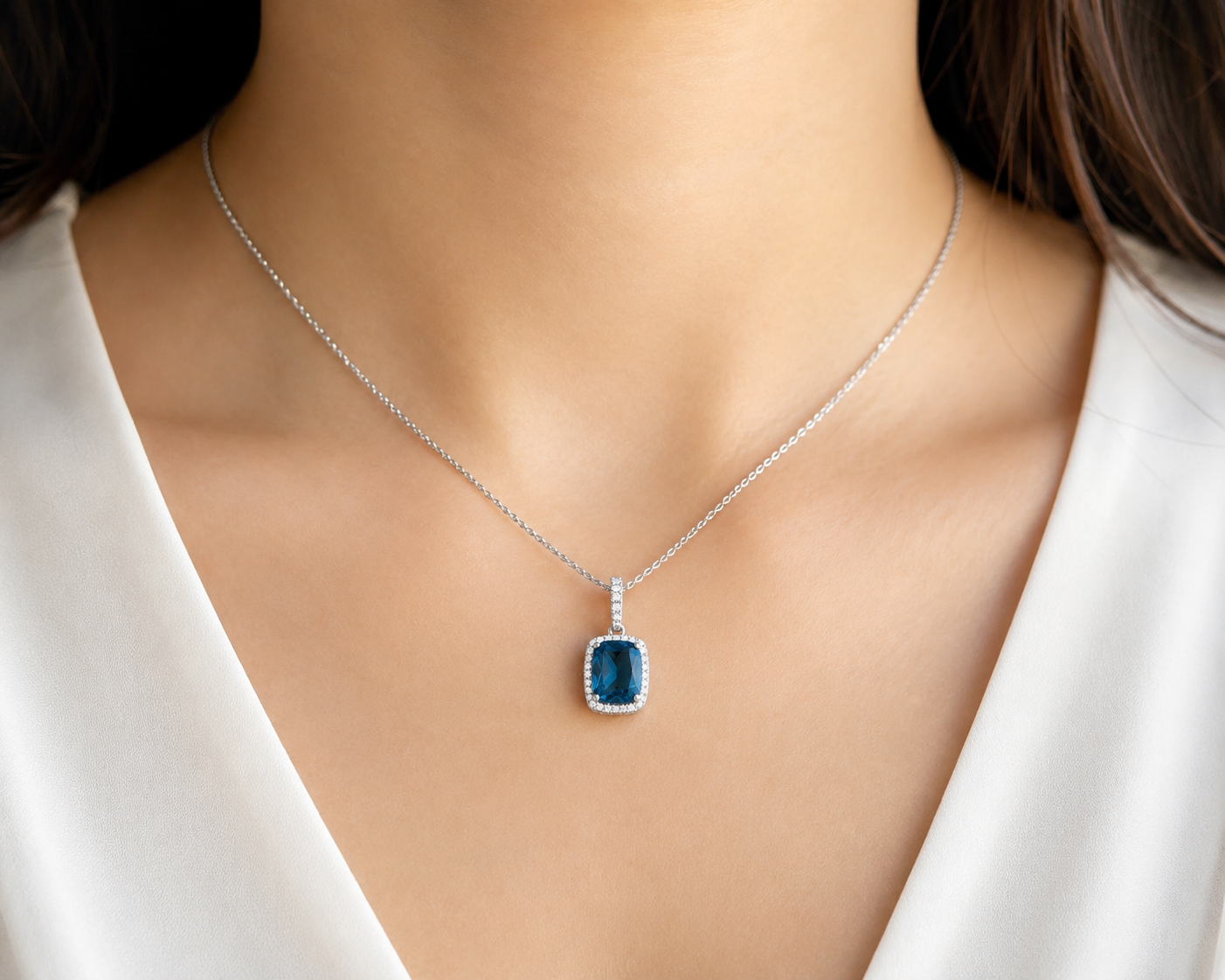 Natural Blue Topaz & Diamond Halo Necklace