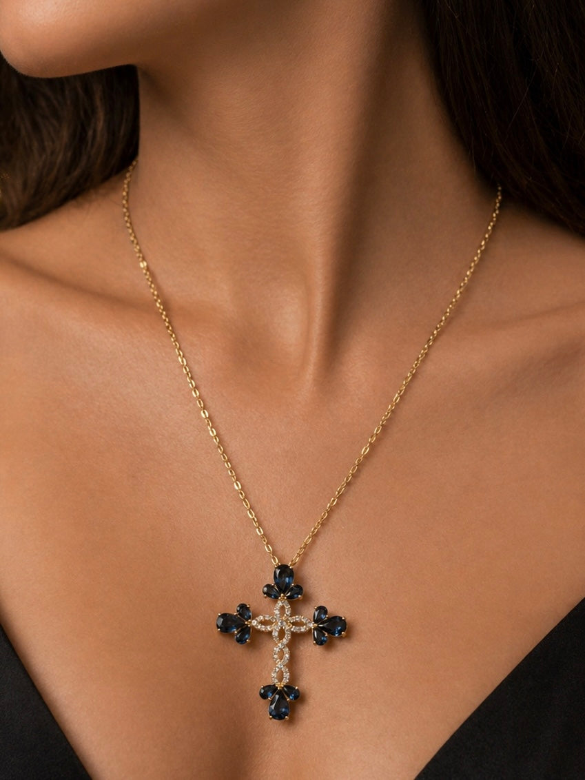 Sapphire & Diamond Cross Pendant Necklace