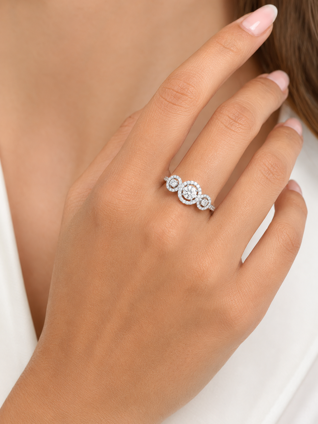 Three-Stone Halo Diamond Ring