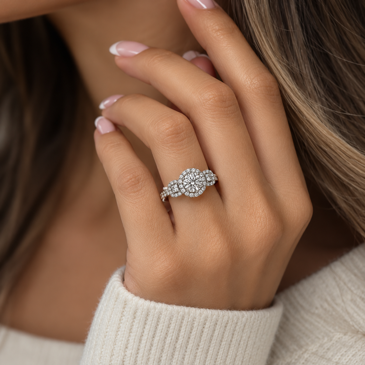 IGI Lab-Grown Diamond Three-Stone Halo Ring – 1.00 ct