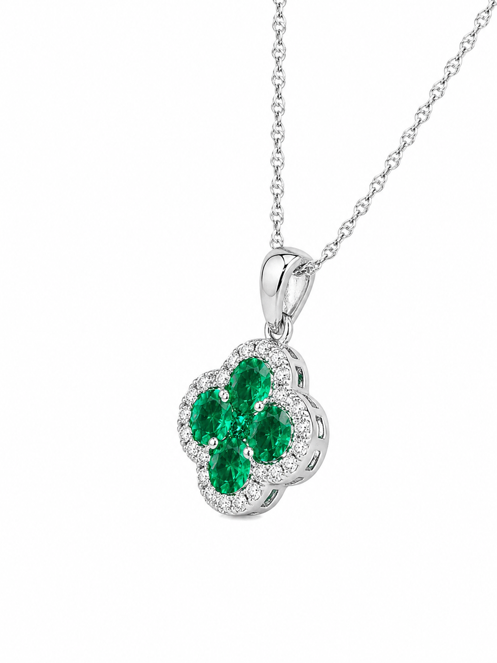 Emerald & Diamond Halo Pendant Necklace