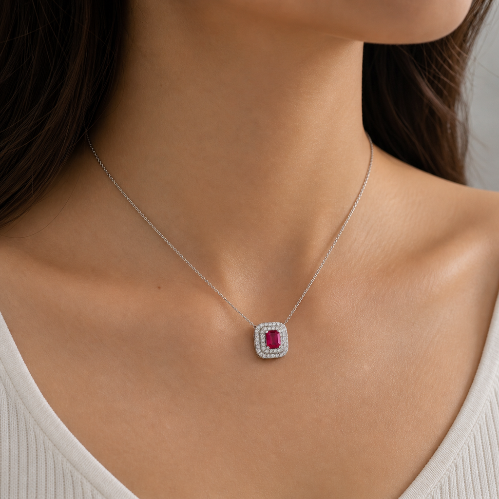 Ruby & Diamond Halo Necklace