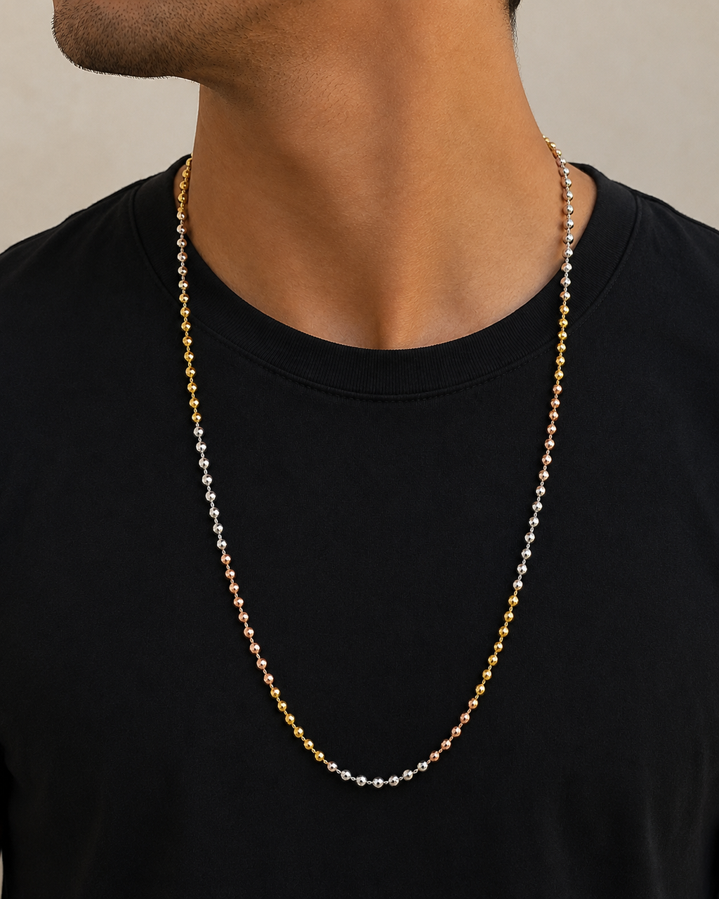14K Solid Tricolor Diamond- Cut Bead Chain Necklace