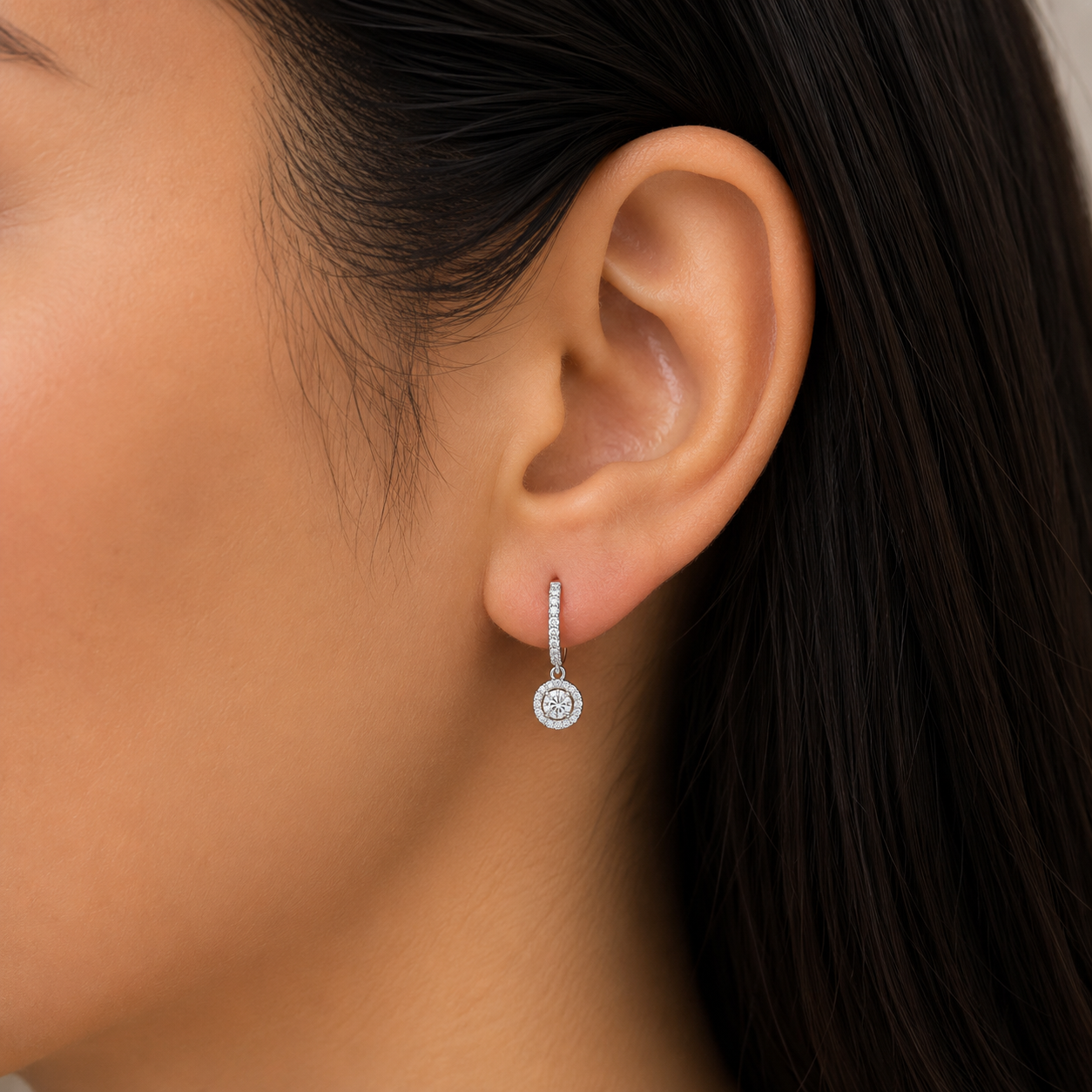 Diamond Halo Drop Huggie Earrings
