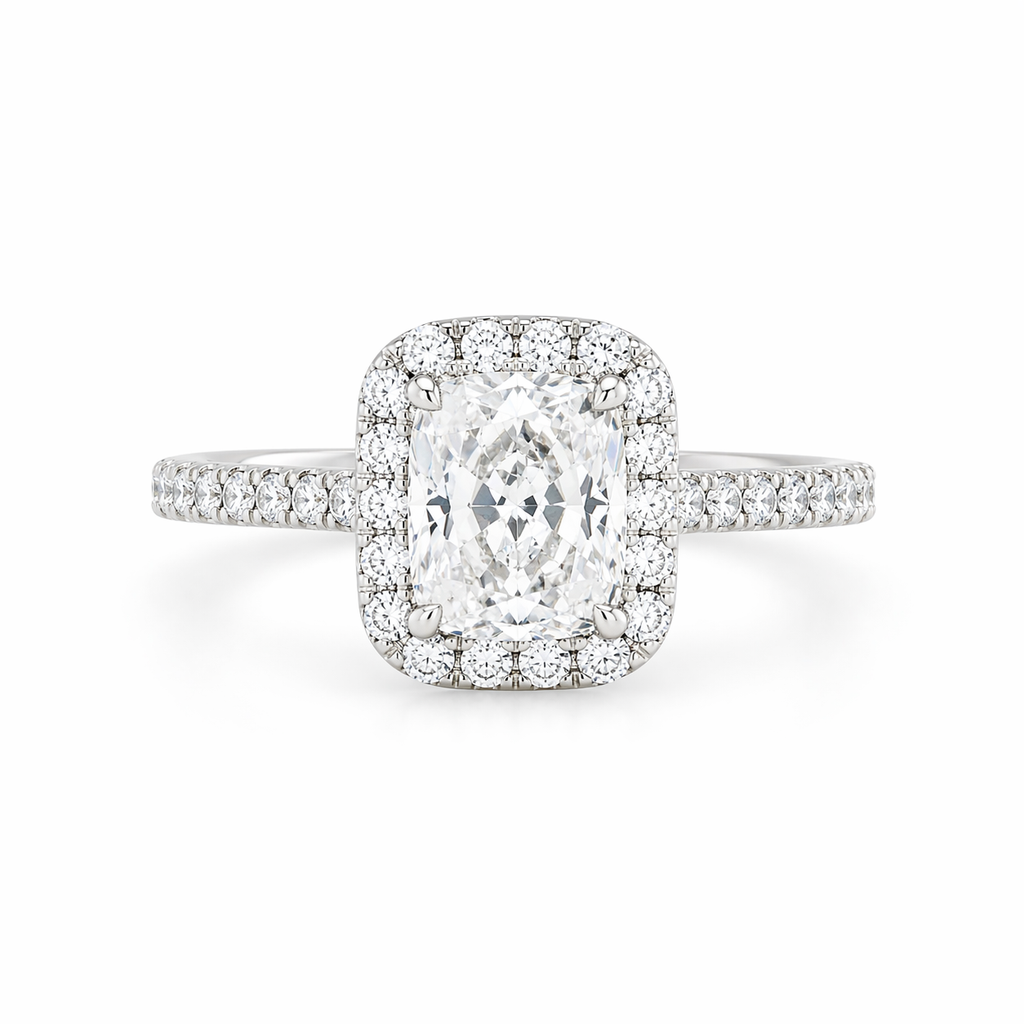 GIA Certified Elongated Cushion Halo Diamond Engagement Ring