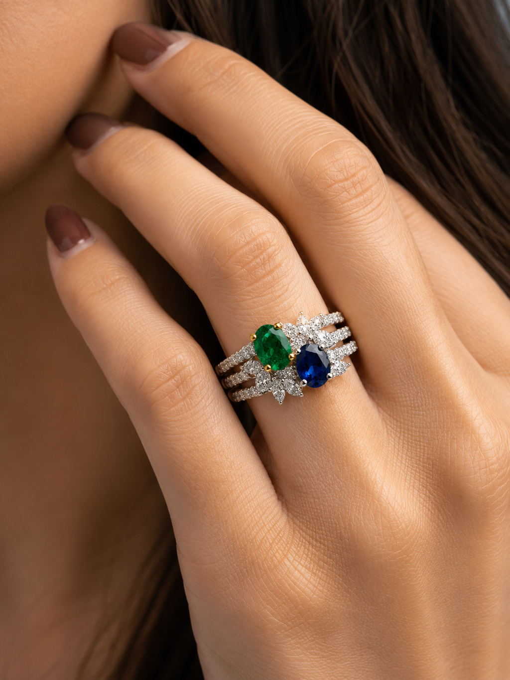 Emerald, Sapphire & Diamond Multi-Band Ring