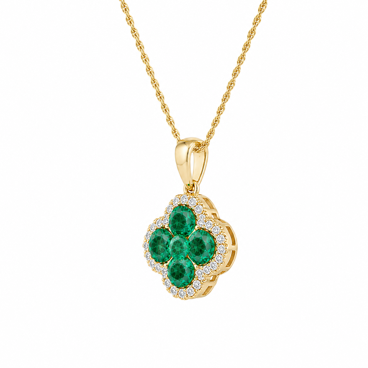 Emerald & Diamond Halo Pendant Necklace
