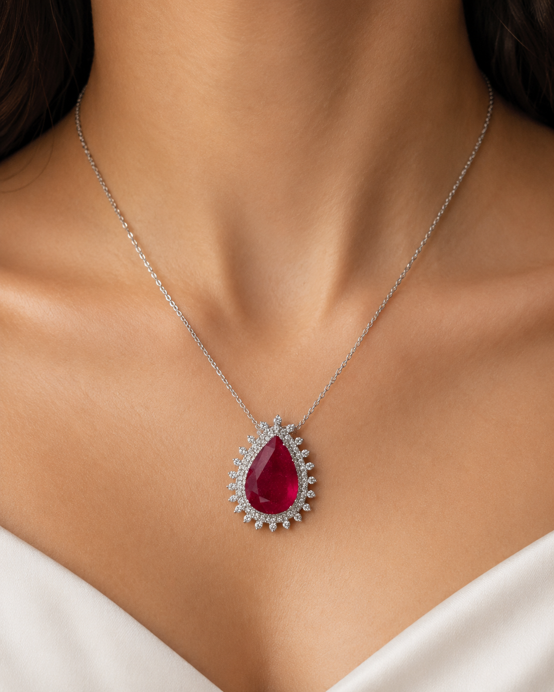 Ruby & Diamond Halo Pendant Necklace