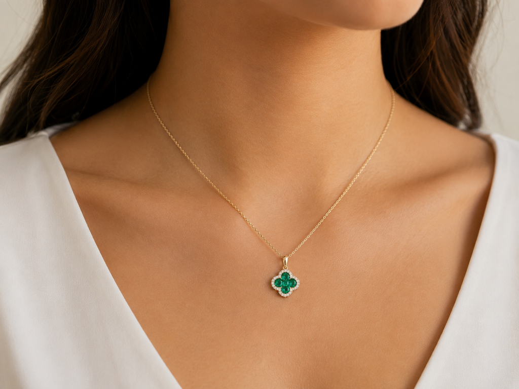 Emerald & Diamond Halo Pendant Necklace
