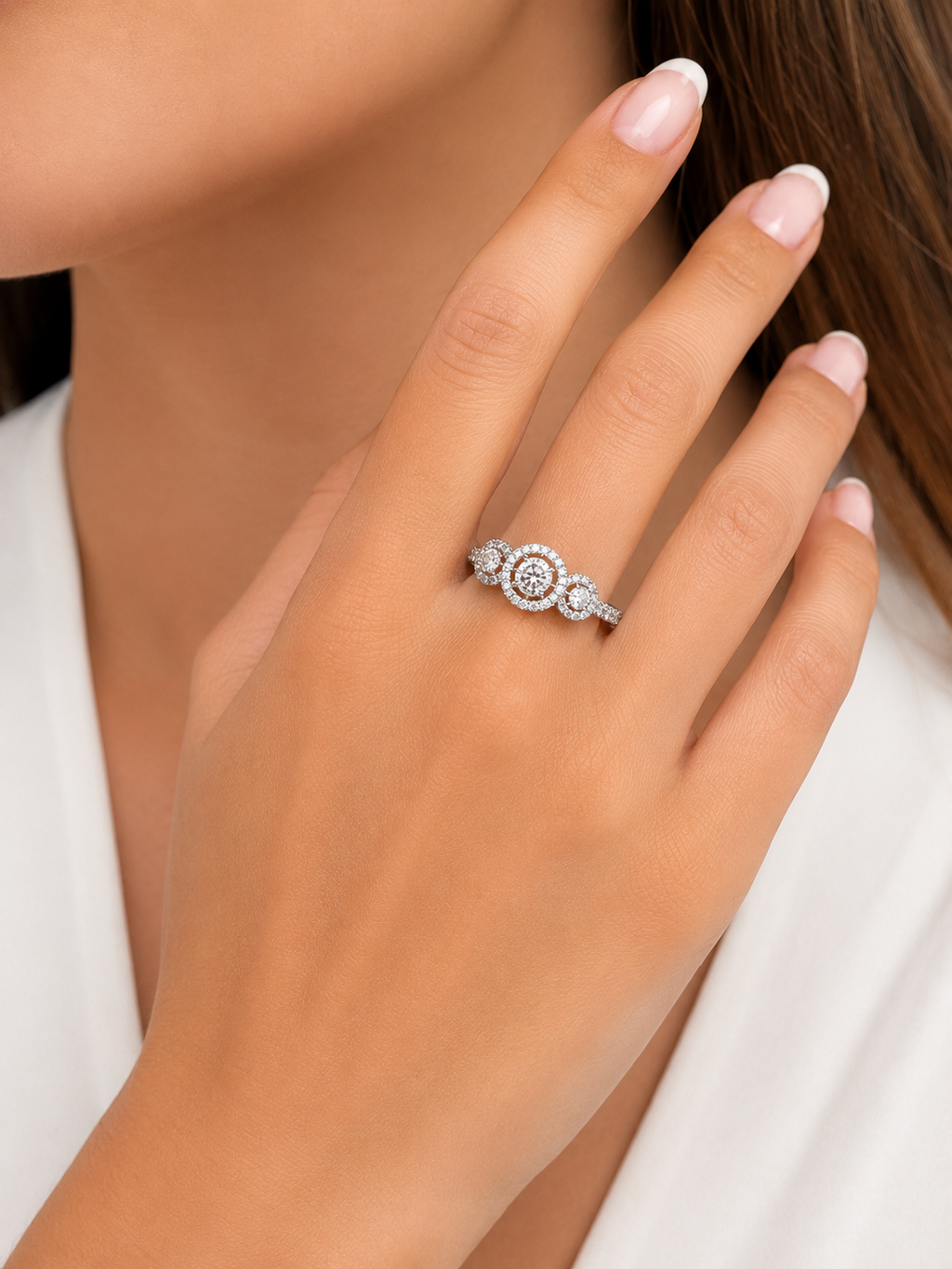 Three-Stone Halo Diamond Ring