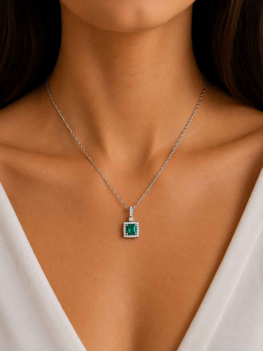 Emerald & Diamond Halo Pendant Necklace