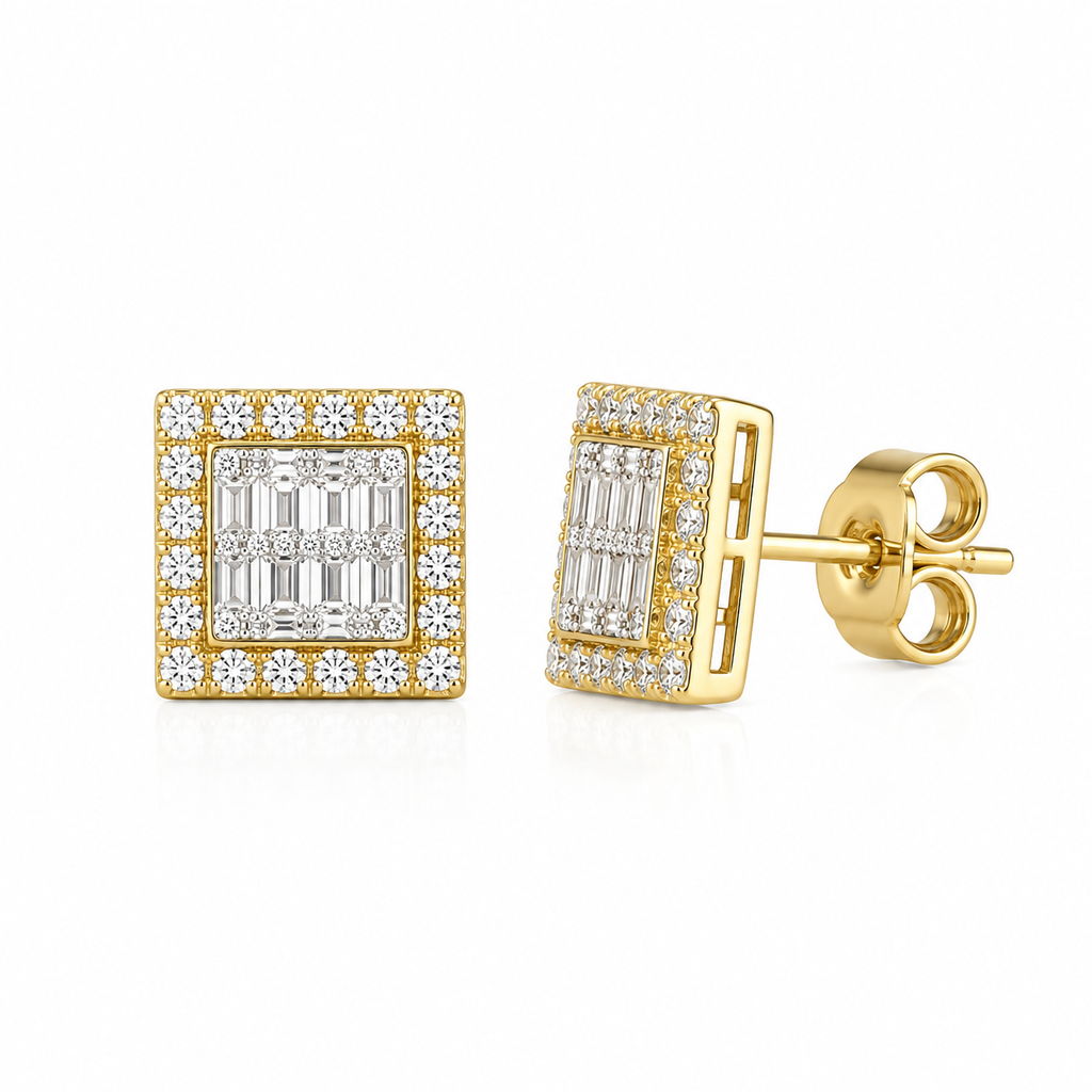 Diamond Baguette Halo Stud Earrings