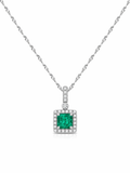 Emerald & Diamond Halo Pendant Necklace