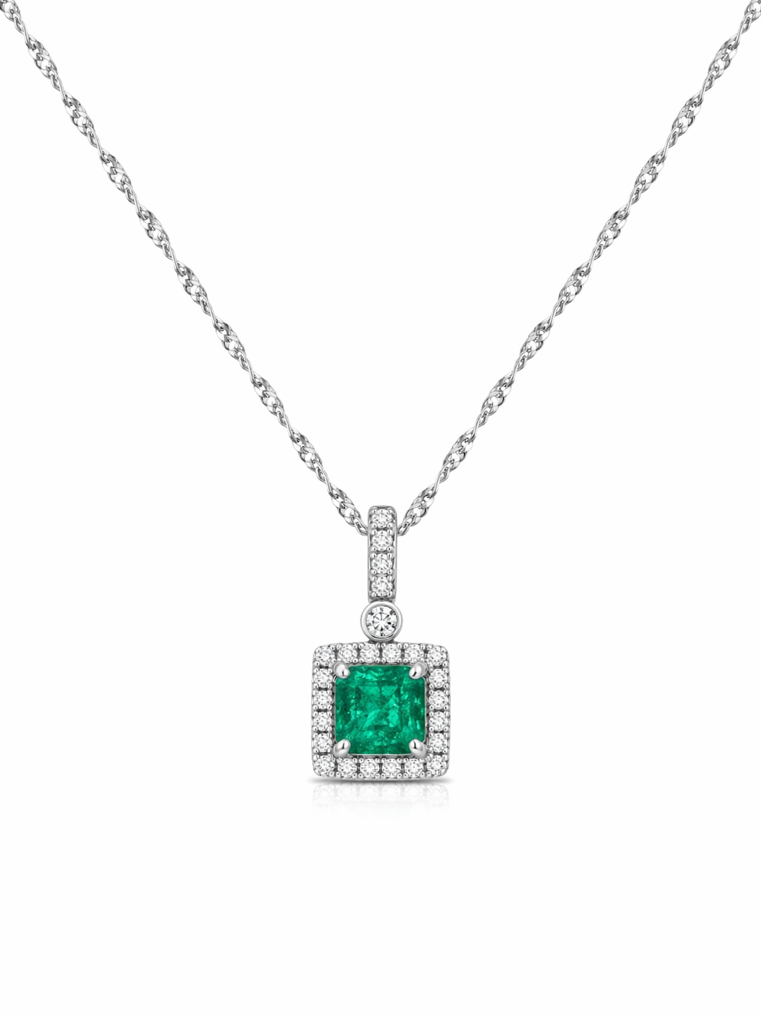 Emerald & Diamond Halo Pendant Necklace