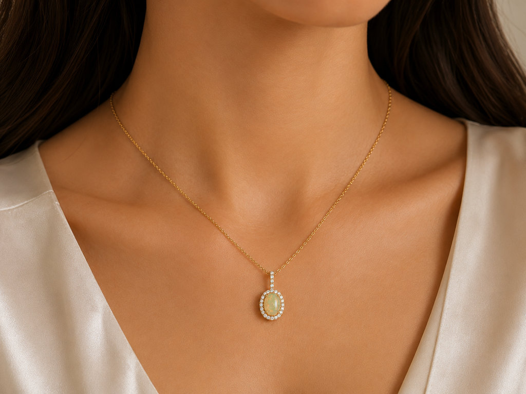 Opal & Diamond Halo Pendant Necklace