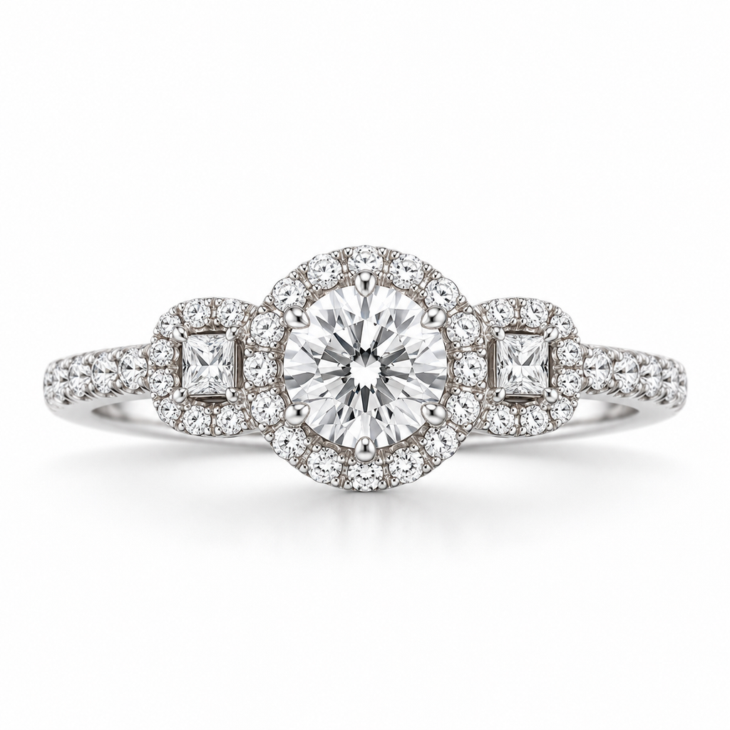 IGI Lab-Grown Diamond Three-Stone Halo Ring – 1.00 ct
