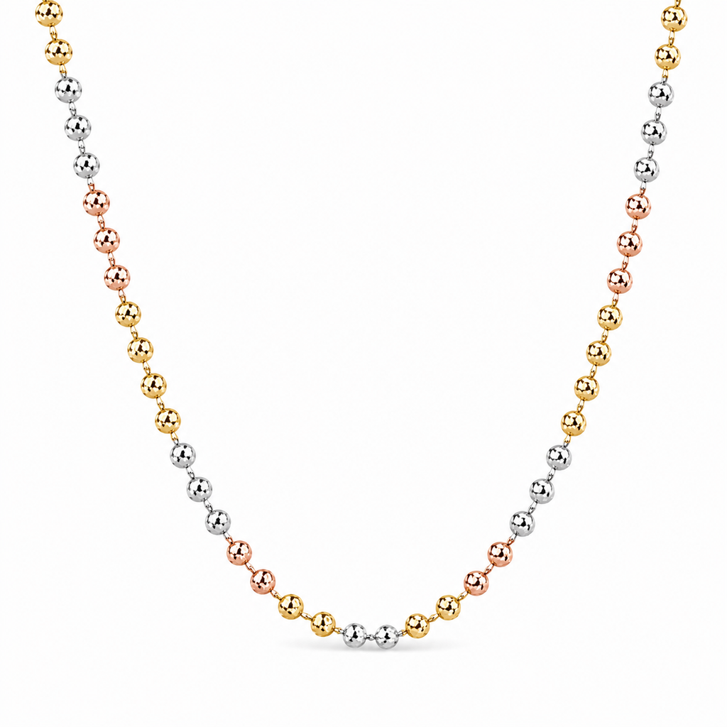 14K Solid Tricolor Diamond- Cut Bead Chain Necklace