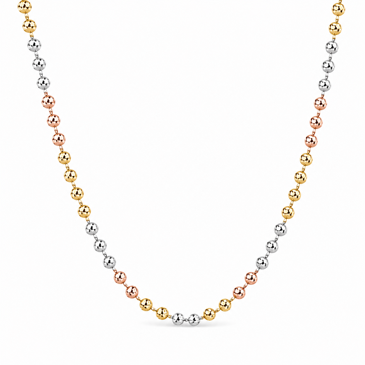 14K Solid Tricolor Diamond- Cut Bead Chain Necklace