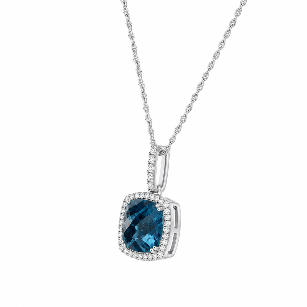 London Blue Topaz & Diamond Halo Pendant
