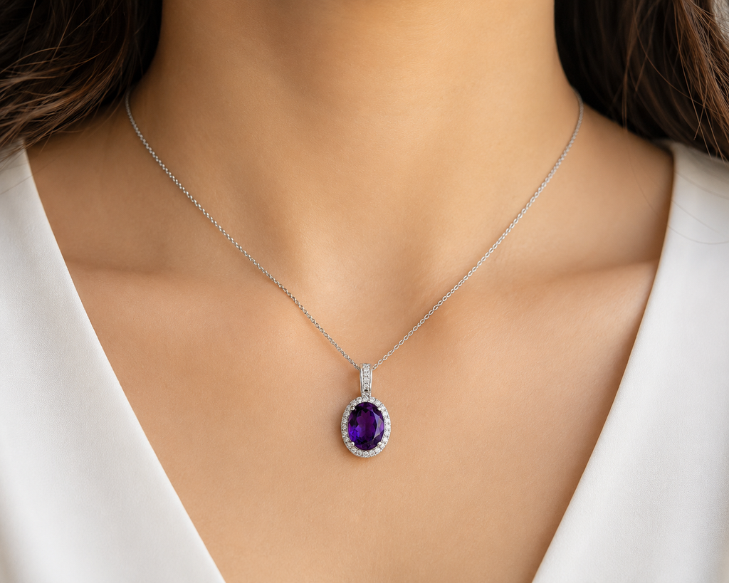 Amethyst & Diamond Halo Necklace
