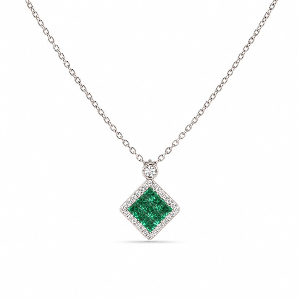 Emerald & Diamond Halo Necklace