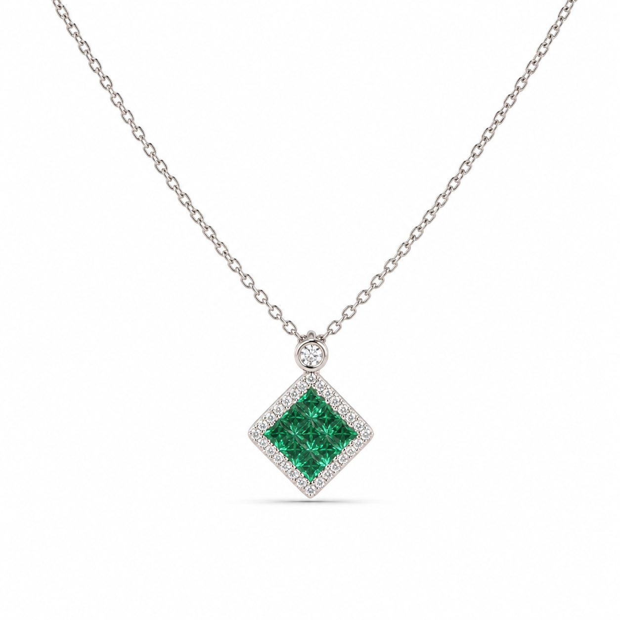 Emerald & Diamond Halo Necklace