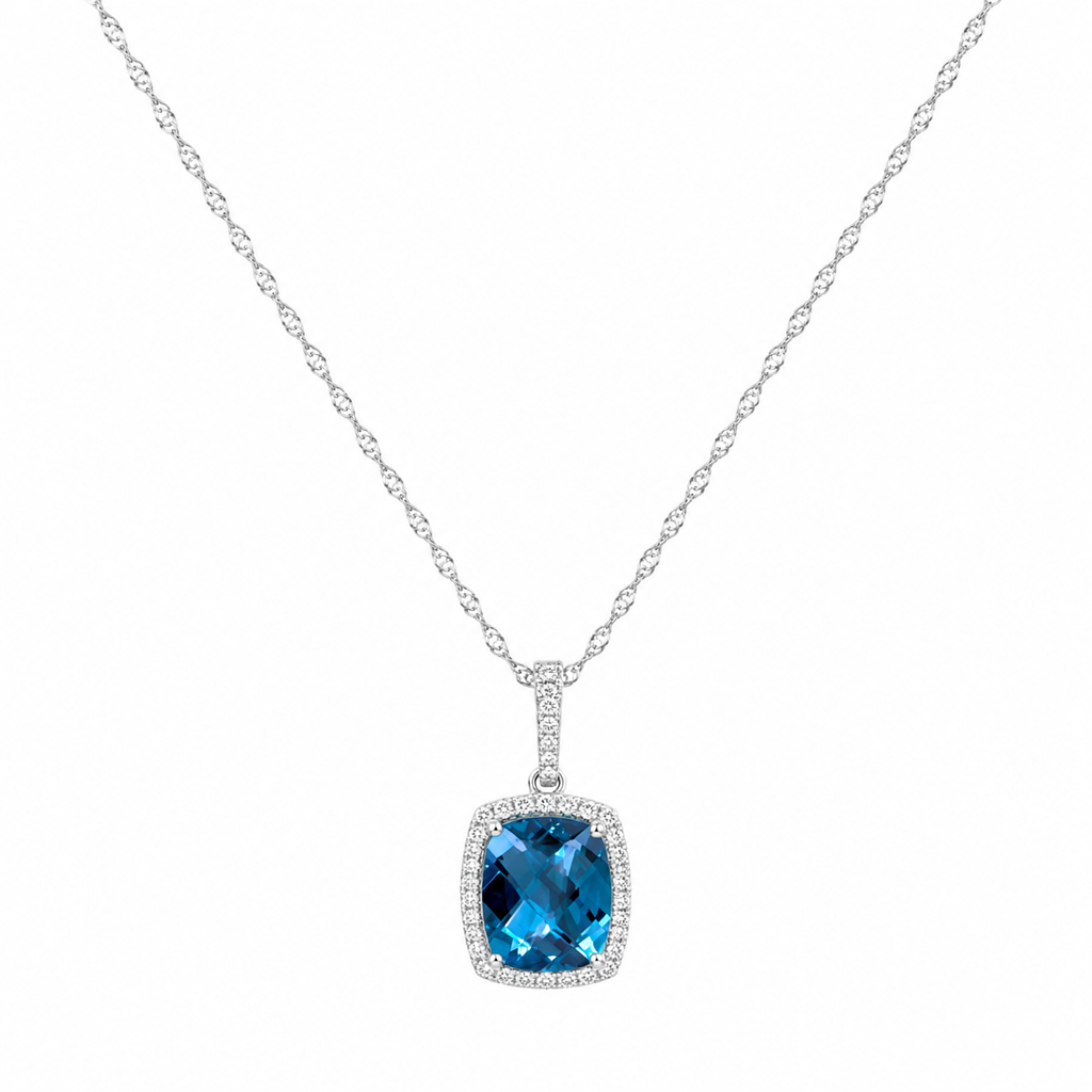 Natural Blue Topaz & Diamond Halo Necklace