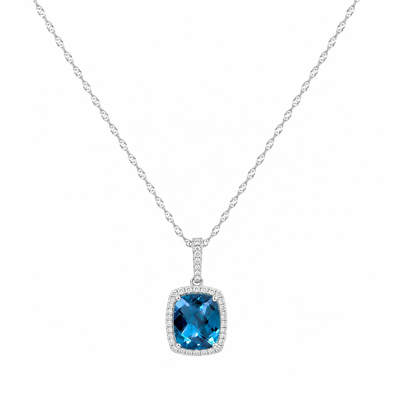 Natural Blue Topaz & Diamond Halo Necklace
