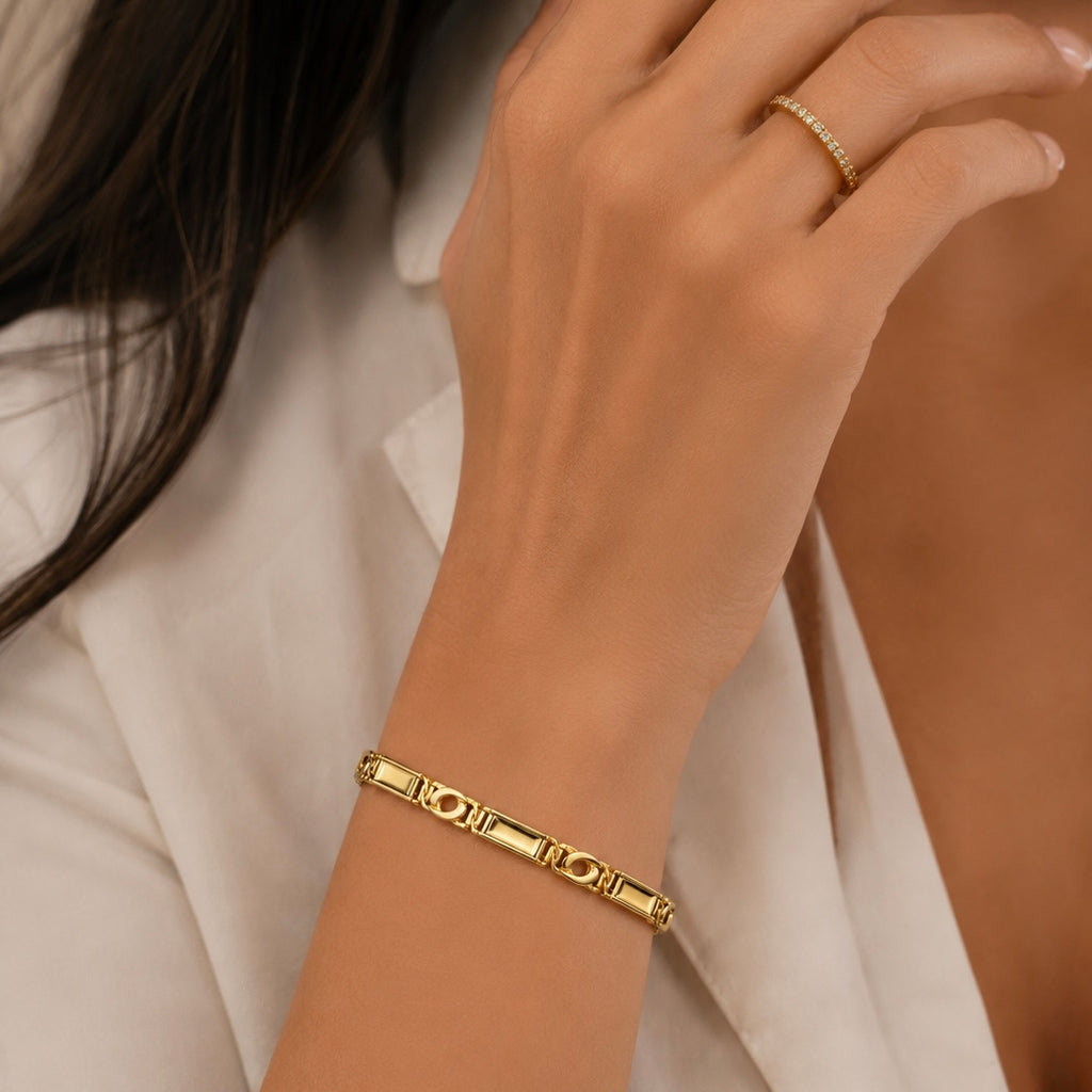 14K Solid Gold Tiger Eye Link Bracelet