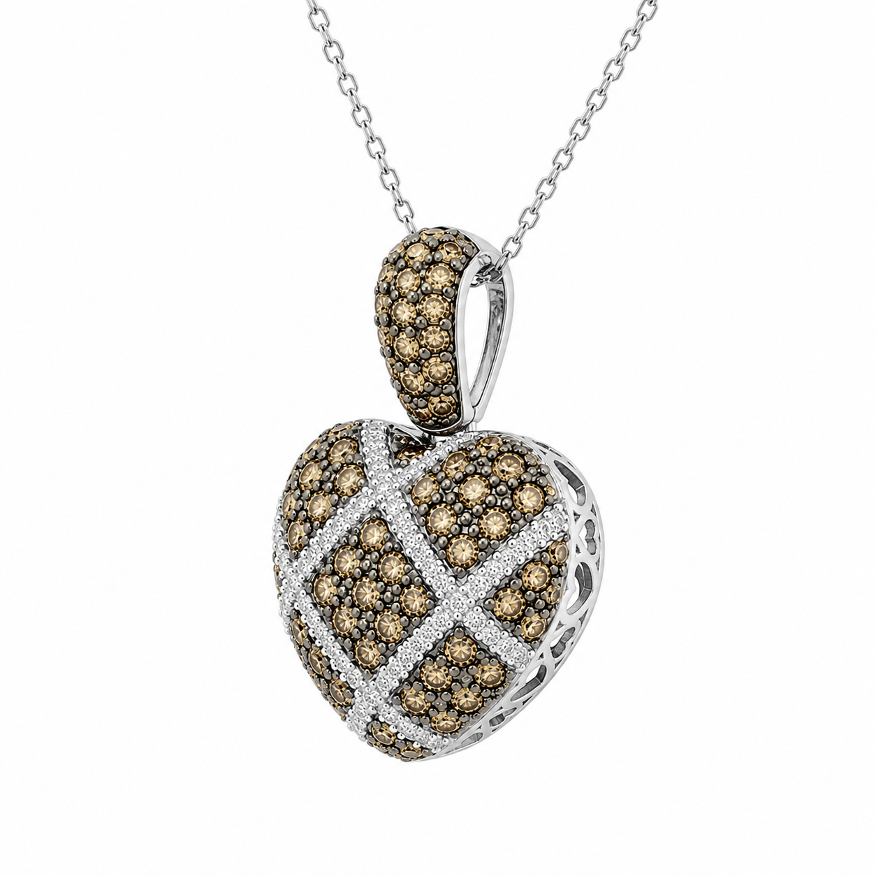 Champagne & White Diamond Heart Pendant Necklace – 18K White Gold
