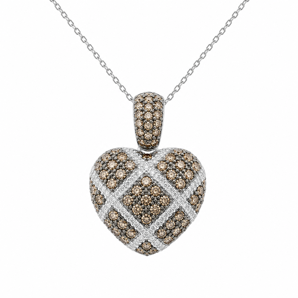Champagne & White Diamond Heart Pendant Necklace – 18K White Gold