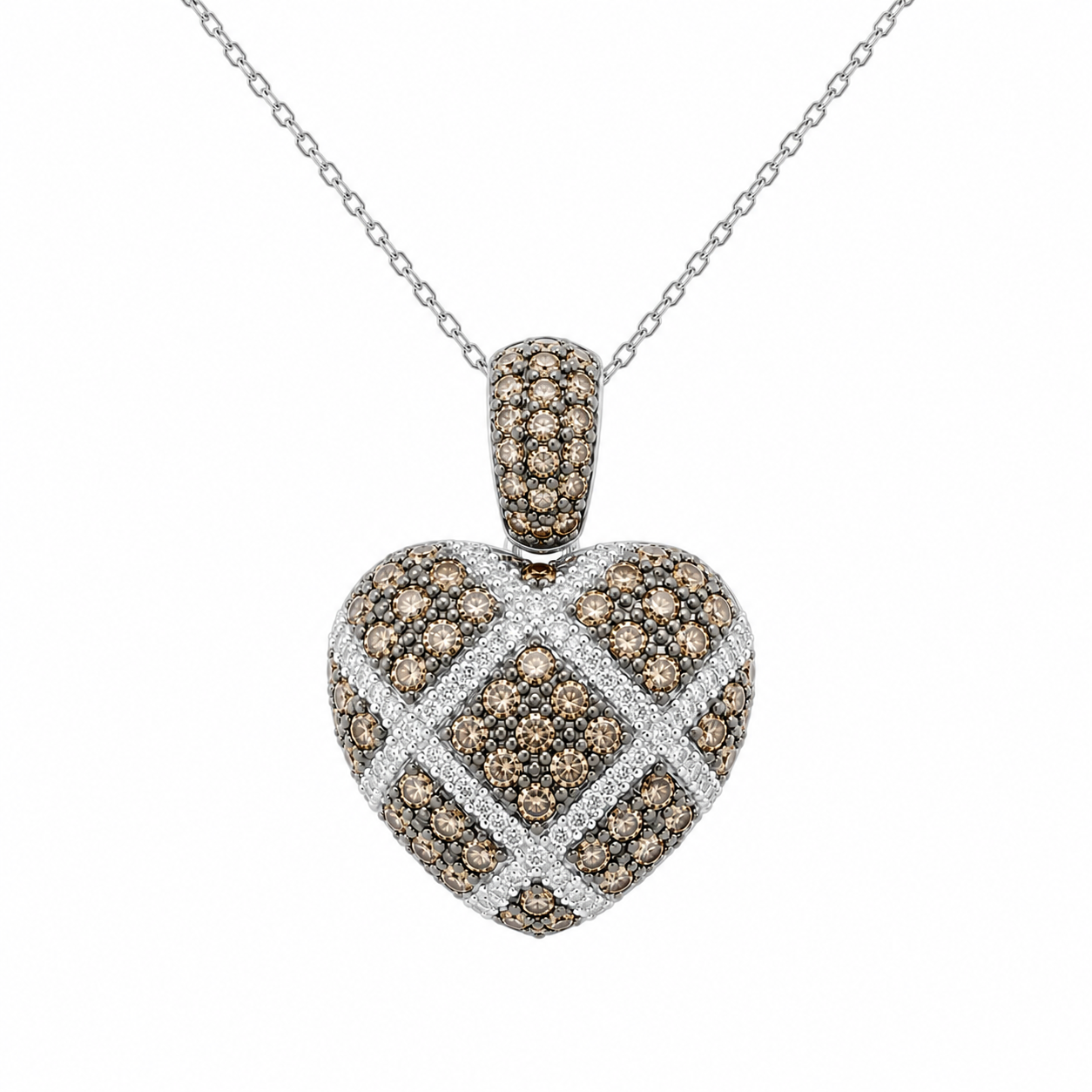 Champagne & White Diamond Heart Pendant Necklace – 18K White Gold