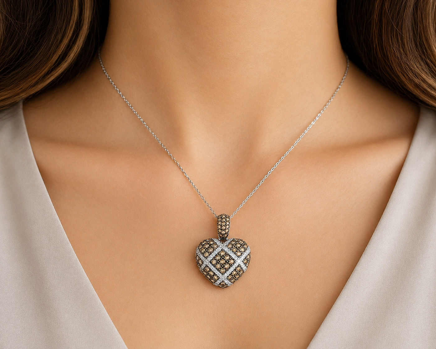 Champagne & White Diamond Heart Pendant Necklace – 18K White Gold