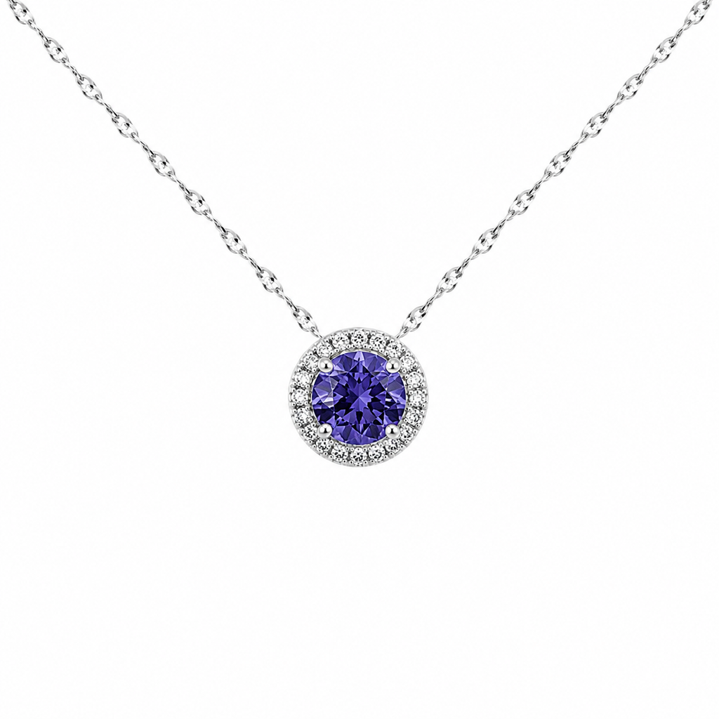 Tanzanite & Diamond Halo Pendant Necklace