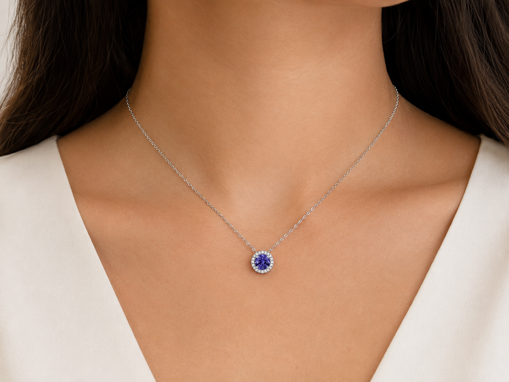 Tanzanite & Diamond Halo Pendant Necklace